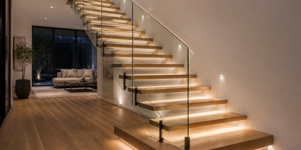 Wood treads cantilevered from a wall, lit from below, with frameless glass railing.